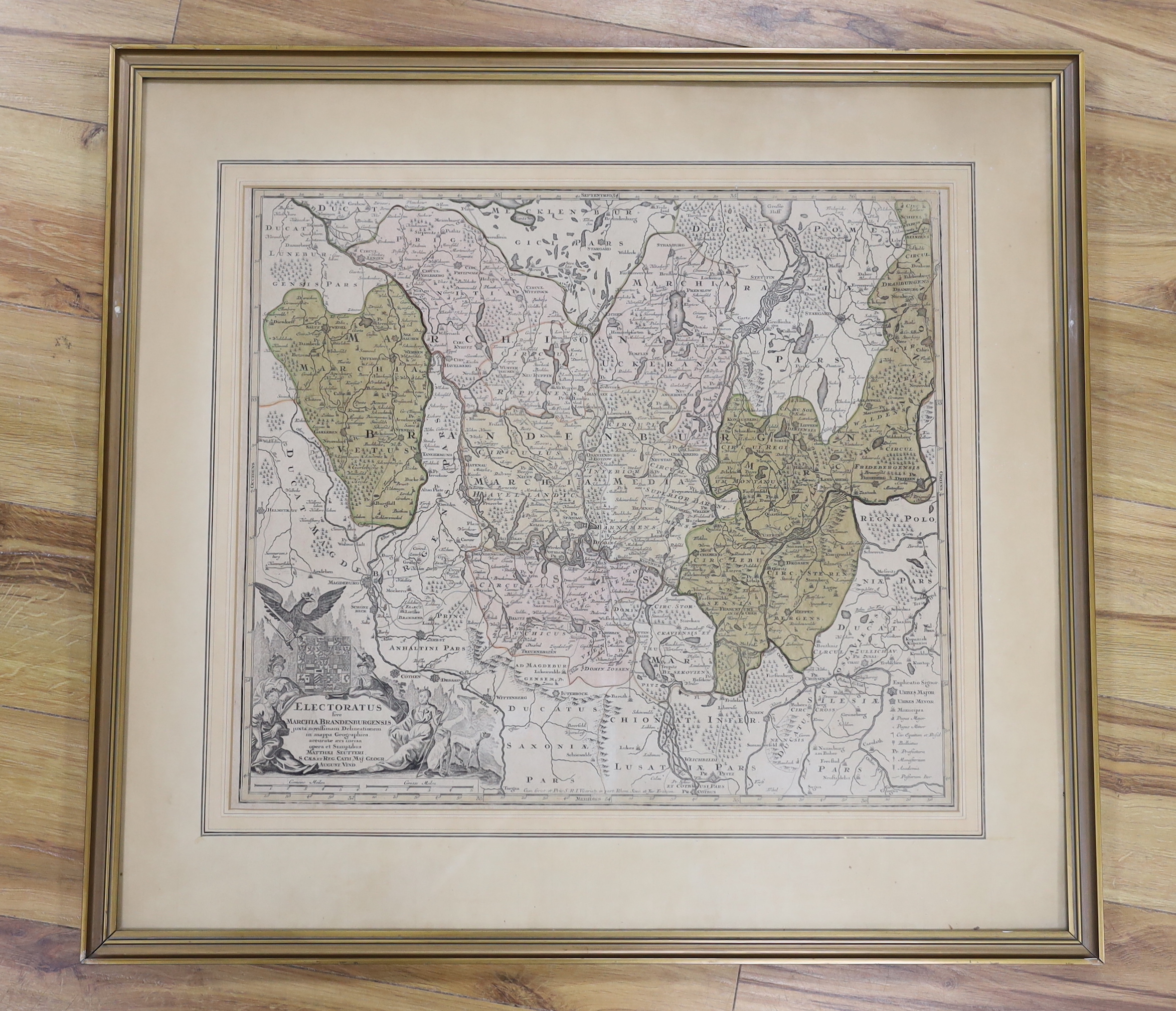 A framed hand coloured engraving, Map of Brandenburg, by Mattheus Seutter, c.1730, 57 x 50cm